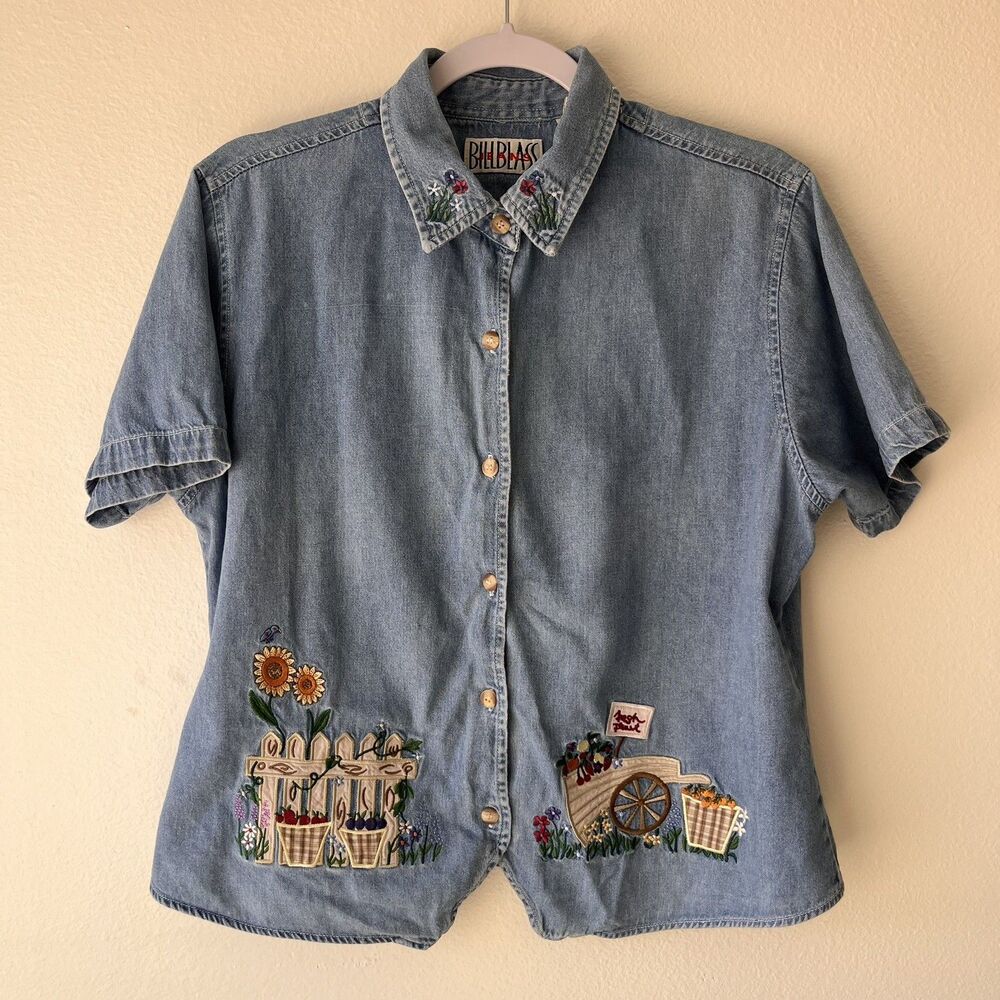 Bill Blass Jeans Vintage Shirt Women’s Large Blue Embroidered Floral Design